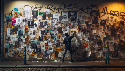 Hooded man sticks down and marks up posters on a graffiti-covered wall in a nighttime guerrilla advertising mission in urban setting - obrazy, fototapety, plakaty