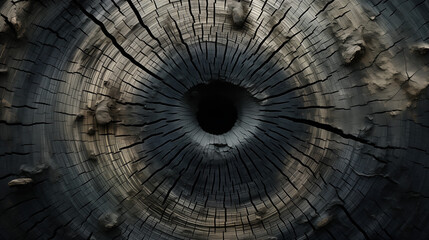 A cross-section of a tree stump featuring a burnt texture and a dark, spooky hole at the center