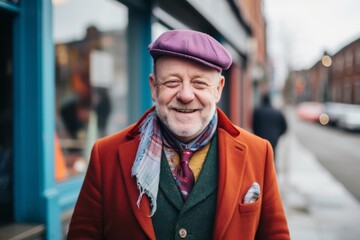 Portrait of an elderly man in a hat and coat on the street