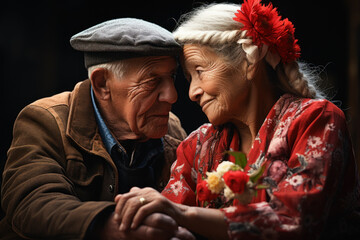 A jovial elderly couple from different parts of the world, hands held together, celebrate their lifelong love story, proving that love transcends borders. Generative Ai.