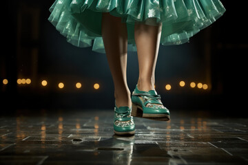 An expressive and spirited Irish dancer, feet tapping to traditional rhythms, showcases the lively...