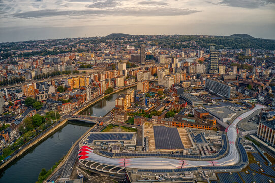 Aerial View of Liège, Belgium Skyline in early Autumn