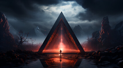 neon triangle portal on surreal landscape, futuristic, glitch, Surreal, abstract, 