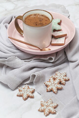 Christmas gingerbread cookies and chocolate milk mug, concept of winter holidays desserts and decoration