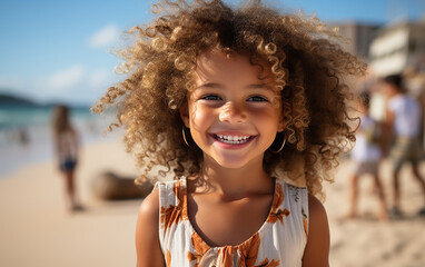 Portrait of Afro American child having fun on the beach during vacation time