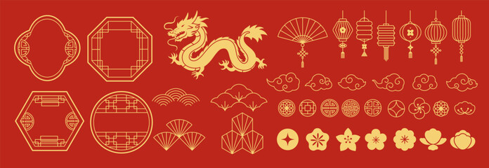 Chinese New Year Icons vector set. Chinese paper lantern, dragon, fan, cloud, coin, flower isolated icons of Asian Lunar New Year holiday decoration vector. Oriental culture tradition illustration.