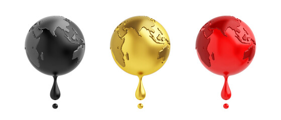 Symbol objects of globe and water drops are melting in the concept is Drops of black crude oil, drops of gold, drops of blood. PNG file type. 3D Illustration. - obrazy, fototapety, plakaty