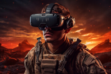 Soldier using VR glasses to complete a combat task, theme of using new technologies and innovations in war and military.generative ai