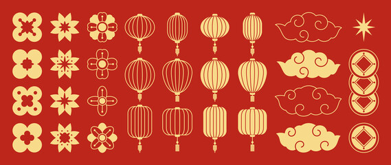 Chinese New Year Icons vector set. Chinese paper lantern, cloud, coin, flowers and red lamp isolated icons of Asian Lunar New Year holiday decoration vector. Oriental culture tradition illustration.