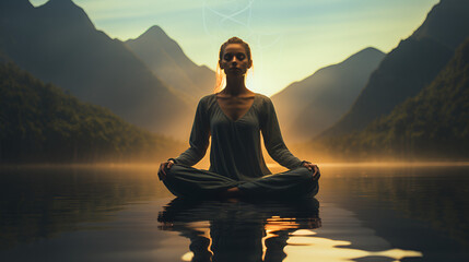 lady in meditation doing yoga on river in a surreal valley, natural healing