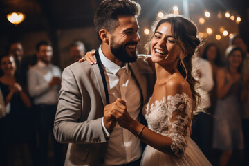 A newlywed couple sharing a cheerful dance at their wedding reception, capturing the happiness of love and commitment. Concept of marriage and celebration. Generative Ai. - obrazy, fototapety, plakaty