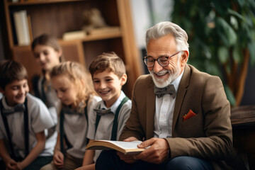 An elderly gentleman in a library, beaming with pride while reading to a group of children,...