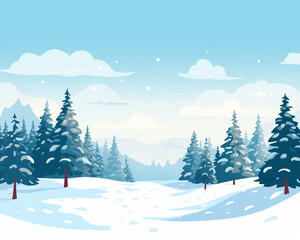 A simple snow-covered landscape with evergreens. Flat clean illustration style