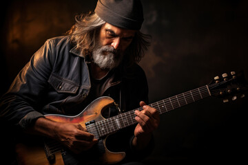 Obraz premium A musician with a melancholic expression, playing a soulful tune on their guitar. Concept of music and emotional expression. Generative Ai.