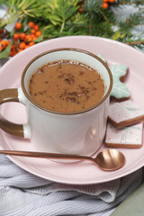 Christmas gingerbread cookies and chocolate milk mug, concept of winter holidays desserts and decoration