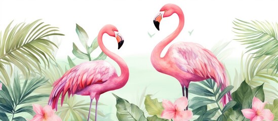 A seamless pattern featuring tropical elements like watercolor flamingos and palm trees presented in a watercolor illustration The illustration showcases the beauty of the tropical wildlife