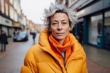 Portrait of a middle-aged woman in a yellow jacket on a city street