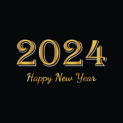 2024 Happy New Year. Christmas greeting card with golden ribbon. Happy New Year and Merry Christmas card or poster. Black background with gold elements.