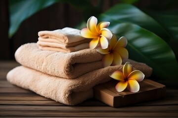 Obraz na płótnie Canvas Spa setting with frangipani flowers. Towels and handmade soap on sauna interior background. Handmade Soap with bath and spa accessories.