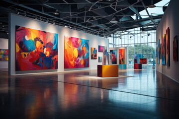 A contemporary art gallery featuring avant-garde works and installations. Concept of artistic...