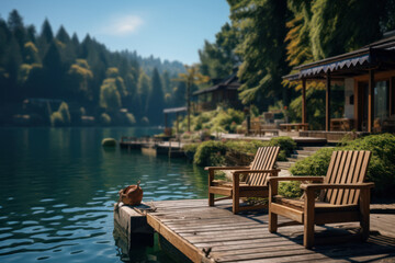 A tranquil lakeside retreat with a wooden dock and fishing boats. Concept of relaxation and lakeside living. Generative Ai.