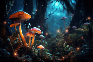 An enchanted forest at twilight, with fireflies and glowing mushrooms. Concept of fantasy and...