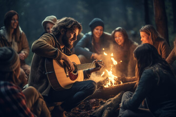 A musician strumming a guitar by a campfire, serenading friends under the stars. Concept of music and camaraderie. Generative Ai.