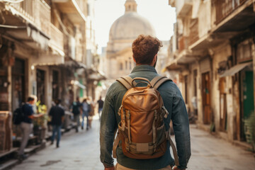 A man with a backpack and camera, exploring a foreign city with curiosity and wanderlust. Concept of travel and cultural exploration. Generative Ai. - obrazy, fototapety, plakaty