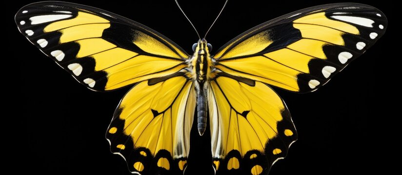 Capture an isolated white background photograph of a stunning yellow butterfly specifically a Painted Jezebel scientifically known as Delias hyparete up close while it rests on a flower
