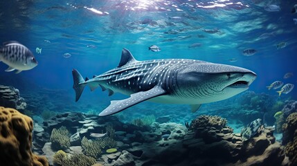 Panorama underwater, whale shark in blue sea clear water
