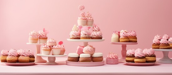 Lovely pink cakes positioned on the table atop a pedestal placed on the table