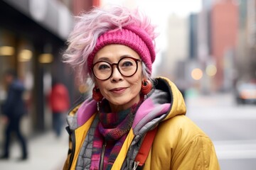 portrait of senior woman with pink hair and eyeglasses in the city