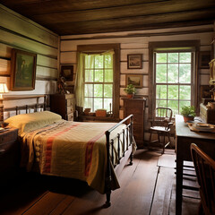 Colonial log cabin bedroom. - obrazy, fototapety, plakaty