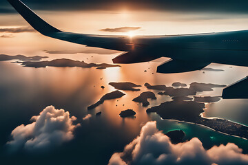 Airplane wing flying private jet over tropical islands in ocean, view from window at sunset in...