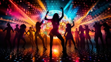Silhouettes of people dancing on disco lights background