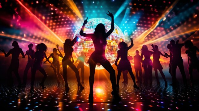 Silhouettes of people dancing on disco lights background