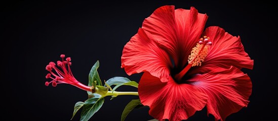 The blooming hibiscus has a vibrant red color