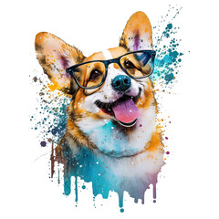 Happy Corgi wearing glasses on colorful paint splatter background