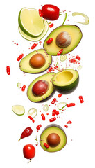 Avocado and Chili Pieces, Transparent Background, PNG, Spicy and Healthy Food Ingredients