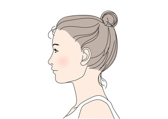 女性の横顔のイラスト シニヨンヘアの若い日本人女性の横向き 上半身バストアップ