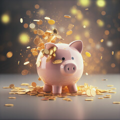 Piggy bank saves a lot of money gold shower coins advertisement wallpaper background