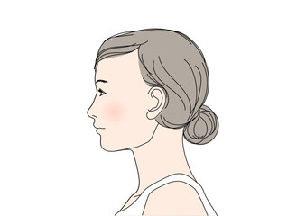 低めに髪を束ねた若い女性の横顔アップのイラスト