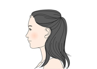 後ろに束ねた髪の女性の横顔アップのイラスト