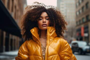 Beautiful african american woman with afro hairstyle in yellow jacket