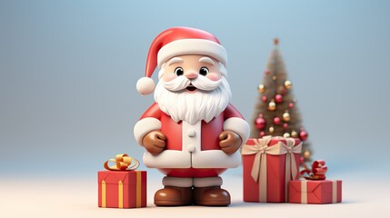 Christmas santa claus with gifts box, 3d cartoon character, happy new year and merry christmas greeting