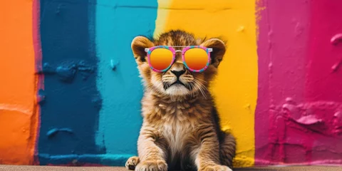 Gardinen Cool baby lion with sunglasses in front of a colorful background wall. © Simon