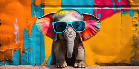 Cool and cute elephant with sunglasses in front of a colorful background wall.