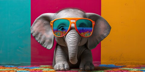 Cool and cute elephant with sunglasses in front of a colorful background wall.