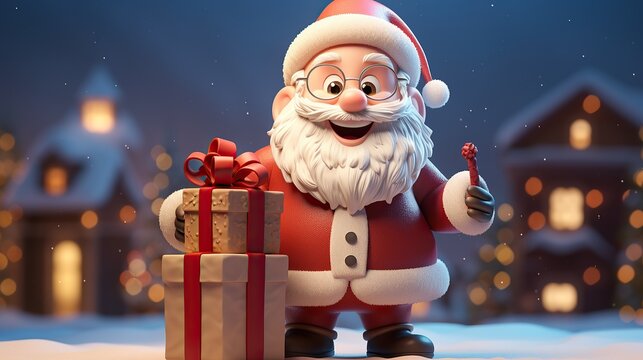 Christmas santa claus with gifts box, 3d cartoon character, happy new year and merry christmas greeting