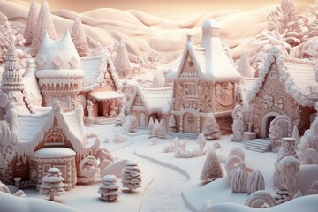 Snowy gingerbread village out of a fairytale. Beautiful decorated wonderland. - obrazy, fototapety, plakaty
